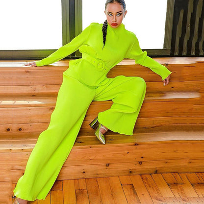 2025 spring new  women's clothing long-sleeved small stand-up collar waist wide-leg pants commuter temperament pleated casual suit