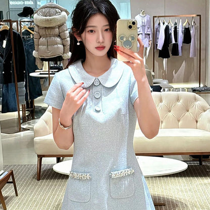 spring new small fragrant style lapel slim and thin small high-end age-reducing short-sleeved dress MZ038