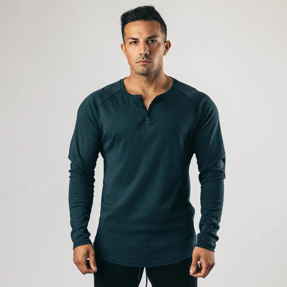 saferido      -shop men’s fashion Retro Henley Shirt Long-Sleeved T-shirt Solid Color Sports Fitness Bottoming Shirt Men's Cotton Stretch Thin V-neck Cardigan