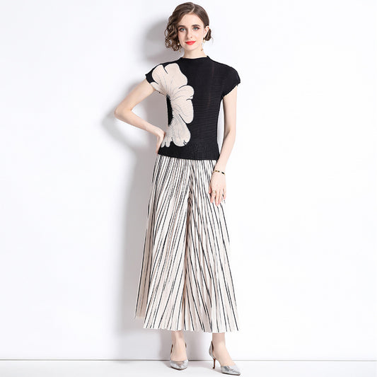 T-shirt new pleated casual print niche gradual change loose versatile wide leg pants