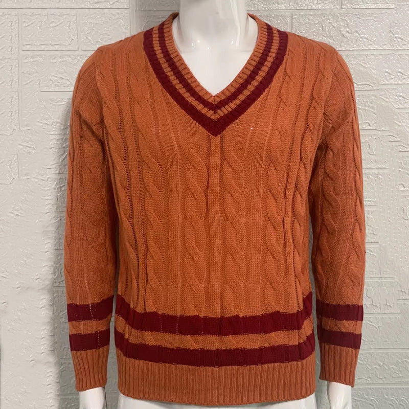 saferido      -shop mens winter fashion V-neck Sweater Men's Striped Color Matching Knitted Sweater Autumn and Winter Fashion Ins Men's Clothing