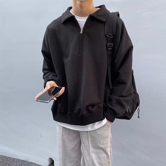 saferido      -shop guys fits Black Half Zipper Lapel Sweater Men's Autumn New Korean Style Casual Personality Fashion Simple Top Outer Wear