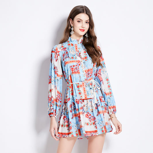 Court style dress Spring dress Women's retro lantern sleeves Lace-up waist thin short ruffle skirt  dress