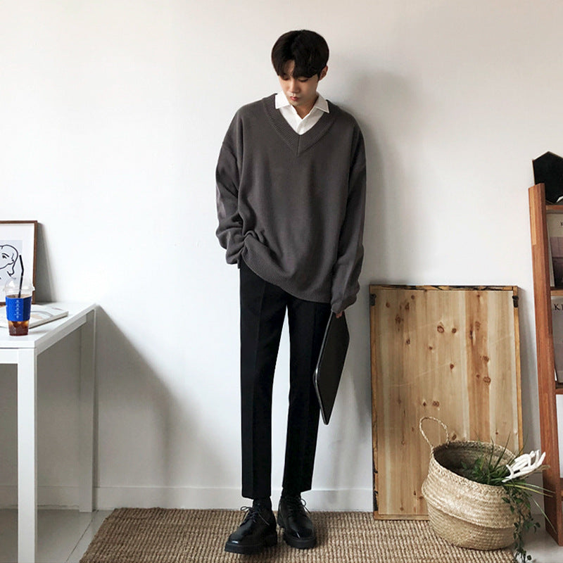 saferido fall outfit men Loose V-neck Sweater Men's Autumn and Winter Sweater Korean Style Thickened Lazy Style Bottoming Shirt Sweater Sweater with Chicken Collar