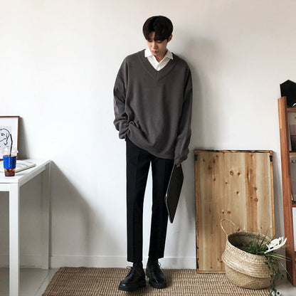 saferido fall outfit men Loose V-neck Sweater Men's Autumn and Winter Sweater Korean Style Thickened Lazy Style Bottoming Shirt Sweater Sweater with Chicken Collar