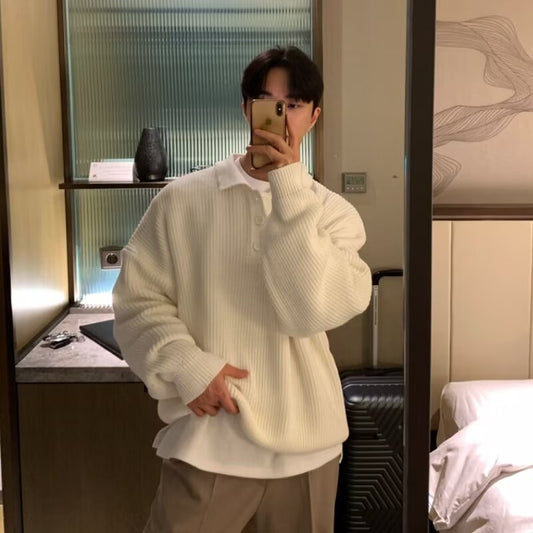 saferido      -shop fall mens outfits Sweater Korean Style Lazy Men's Spring and Autumn Loose Casual Lapel Pullover Knitted Polo Sweater Coat
