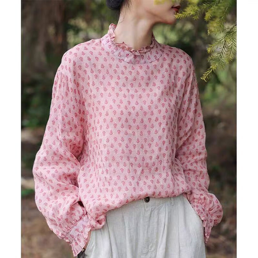 Floral literary and artistic style printed shirt  summer new pastoral small clear temperament retro shirt top women