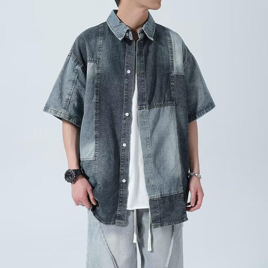saferido 90s fashion men American-Style Retro Niche Stitching Denim Short-Sleeved Shirt Men's Shirt Junior Shirt Coat Women's Fashion