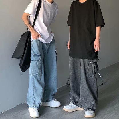 saferido 90s fashion men INS Japanese Style Street Retro Draping Loose Wide Leg Casual Large Pocket Workwear Denim Washed Dad Pants Men and Women