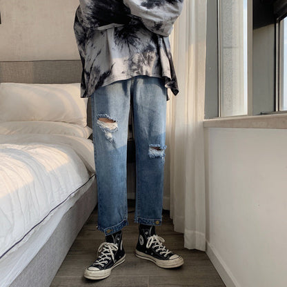 saferido 90s fashion men 2024 Black Ripped Jeans Men's Summer Thin Korean Style Trendy Cropped Pants Hong Kong Style Ruffle Handsome Retro Pants