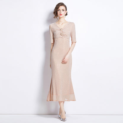 Bright sequined fishtail skirt light luxury imperial sister style Muse fan long sleeve v neck sexy dress temperament dress