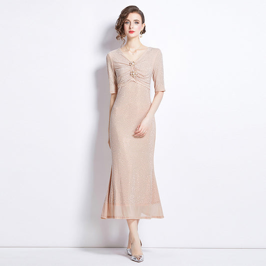 Bright sequined fishtail skirt light luxury imperial sister style Muse fan long sleeve v neck sexy dress temperament dress