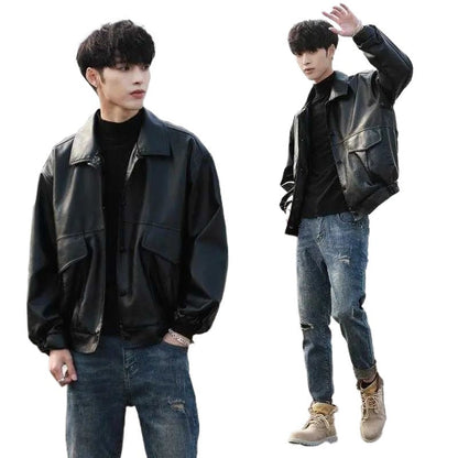 saferido      -shop bomber jacket Korean Style Trendy Loose Leather Jacket Men's Short Motorcycle Clothing Student Pilot Leather Jacket Spring and Autumn plus Size Coat