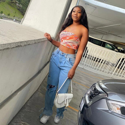 2025 Factory direct sales  New ripped jeans women's street hipster high waist wide leg denim trousers