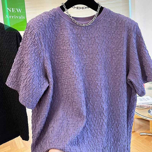 High-grade texture design casual short-sleeved T-shirt for men and women, seersucker lazy summer loose temperament men's top