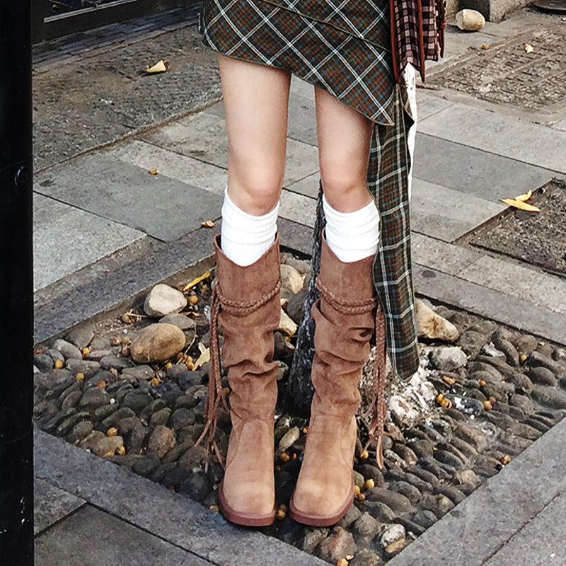 2025 popular Autumn/Winter Brown Tassel Boots Vintage Wasteland Knight Boots British Academy Pile Medium Boots Women