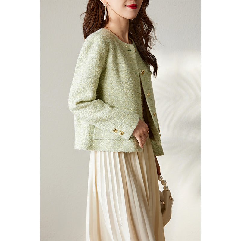 2025 Wool tweed spring and autumn small fragrant jacket  new autumn clothing short candy green top women's spring clothing