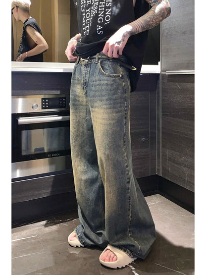 Niche worn and distressed retro washed straight jeans men's autumn new loose versatile wide-leg mopping trousers