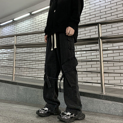 saferido techwear outfits Autumn and Winter Jeans Men's Loose Straight American Retro High Street Multi-Pocket Elastic Wide-Leg Overalls