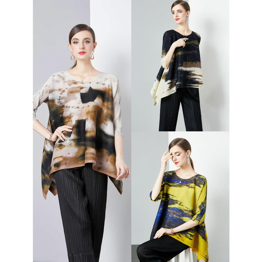 Pleated Popularan, n style, Popular style, advanced sense, loose elastic pleated printed top, seven-quarter sleeve crew neck, new summer models