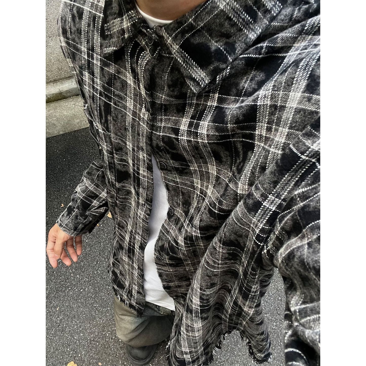 saferido      -shop skater boy outfits American High Street Retro Niche Tie-Dyed Plaid Destroyed Frayed Shirt Shirt Men's Loose Autumn Long Sleeve Coat Fashion