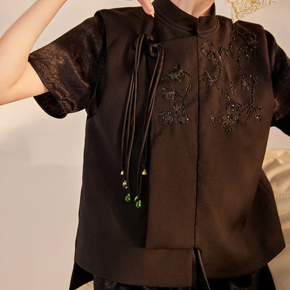 New Chinese style new stand-up collar vest women's casual versatile heavy industry flower embroidered buckle vest jacket women M6036