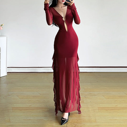 2025 style popular autumn new women's clothing red sexy deep V waist high split long-sleeved dress