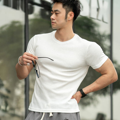 saferido      -shop masculine men American-Style Thickened Fitness Men's Summer round Neck Short Sleeve Stretch Slim Fit Sports Trendy Bodybuilding Outdoor Quick-Drying T-shirt