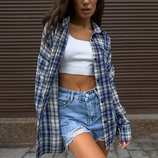 2025 Spring and summer fashion temperament polyester cotton shirt sleeves blue plaid shirt  versatile pocket street style top women