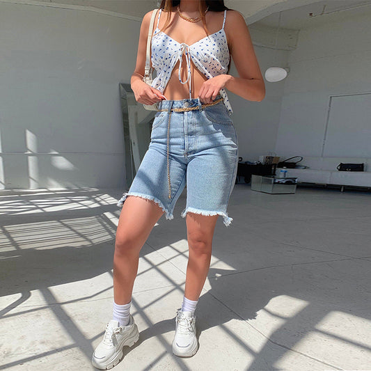 2025 Factory direct sales  style women's jeans New street hipster high waist fringed denim shorts wholesale