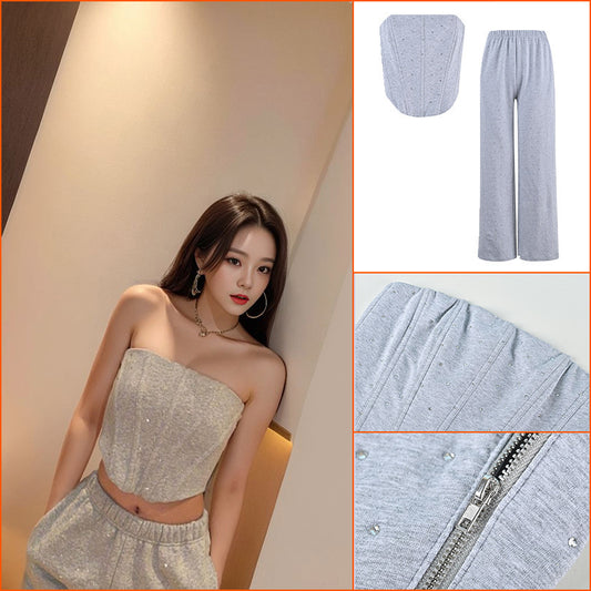 Small Fashion Spice Girl Suit Suspender Hot Diamond Fish Bone Suspender High Waist Skinny Wide Leg Pants Two-piece Set L1049