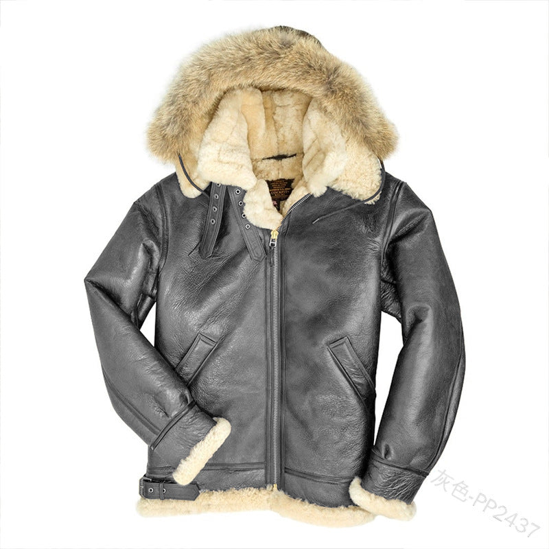 2025 Hot Trade  Winter Men's Fur Collar Casual Hooded Jacket Lapel Fleece Slim Leather Jacket