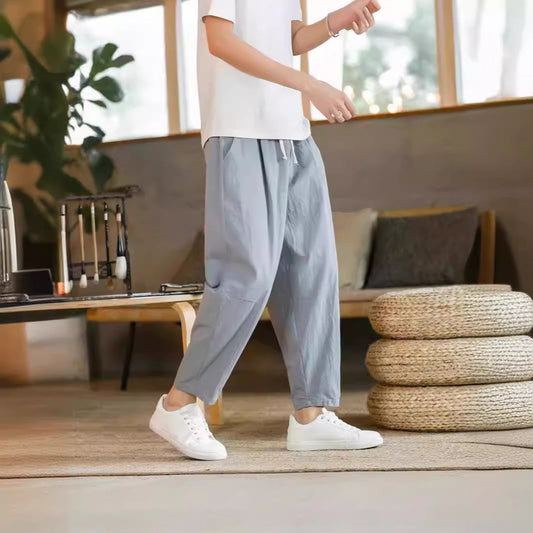 saferido mens fall fashion Summer Casual Pants Men's All-Match Cotton and Linen Loose Linen Pants Korean Style Trendy Cropped Pants Straight Casual Pants