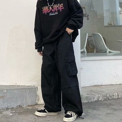 saferido      -shop 90s streetwear Men's Stitching Overalls Spring and Autumn New Loose Korean Style Drawstring Casual Pants Youth Gas Straight Pants