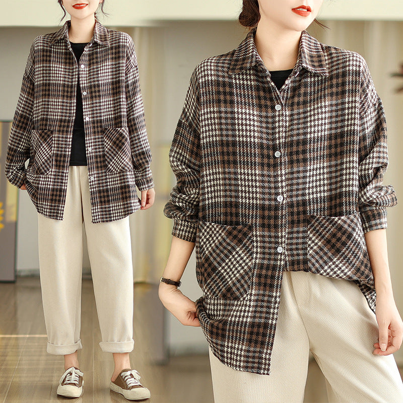Literary plaid shirt short coat women's  spring new Korean version of fashion temperament versatile plaid shirt top