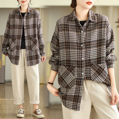 Literary plaid shirt short coat women's  spring new Korean version of fashion temperament versatile plaid shirt top