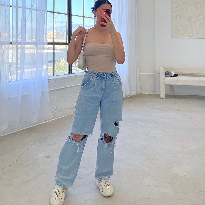 2025 Factory direct sales  New ripped jeans women's street hipster high waist wide leg denim trousers
