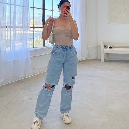 2025 Factory direct sales  New ripped jeans women's street hipster high waist wide leg denim trousers