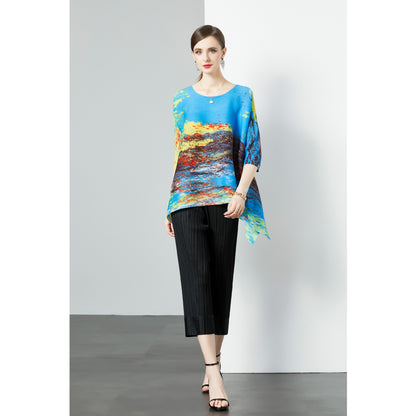 Popular style suit women's niche high-end sense loose elastic pleated printed top + high-waisted wide-leg casual pants