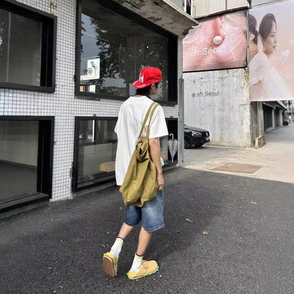 saferido 90s streetwear American Retro Creative French Fries Hot Dog Towel Embroidered Denim Shorts Men's and Women's High Street Straight Loose Wide-Leg Shorts