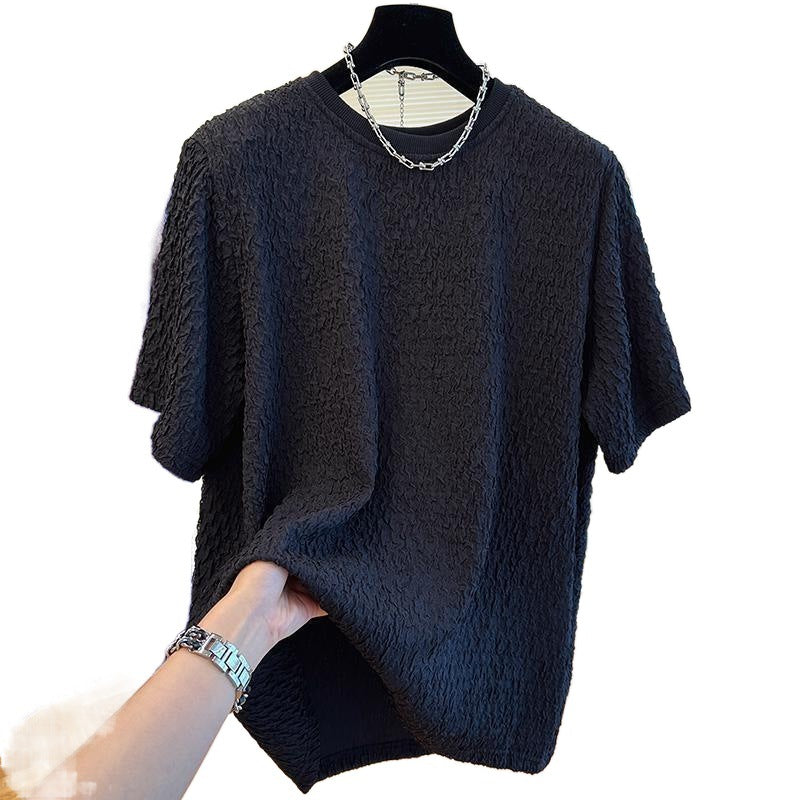 High-grade texture design casual short-sleeved T-shirt for men and women, seersucker lazy summer loose temperament men's top