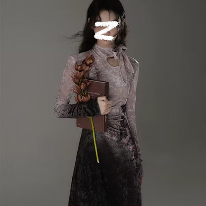 2025 new national style new Chinese style gradual change waist thin temperament bronzing retro cheongsam dress M1502