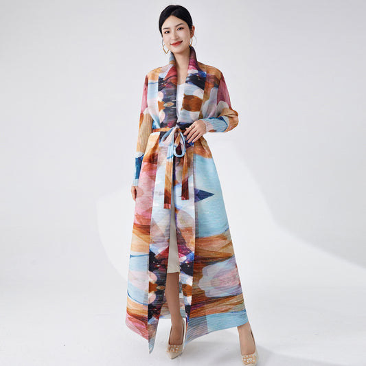 2025 Muslim robe women's long skirt Popular trade robe high-end printing loose lace-up lapel cardigan jacket autumn