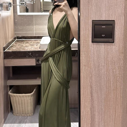 2025 high-end sense high-cold imperial sister style neck dress green evening dress high-end light luxury niche long dress summer