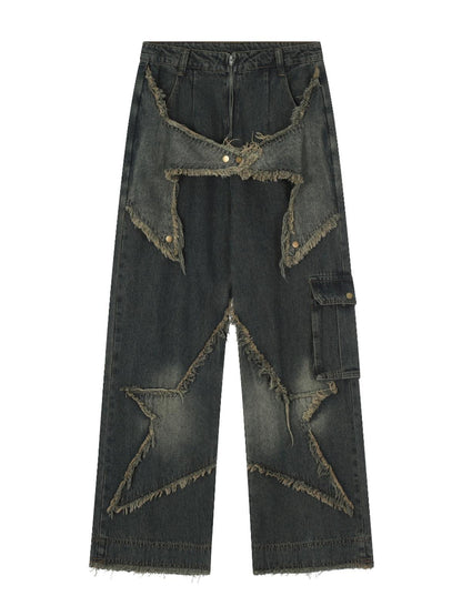 saferido skater boy outfits American-Style Retro Multi-Pocket Star Frayed Jeans Men's and Women's Loose Washed Distressed Wide-Leg Pants Summer
