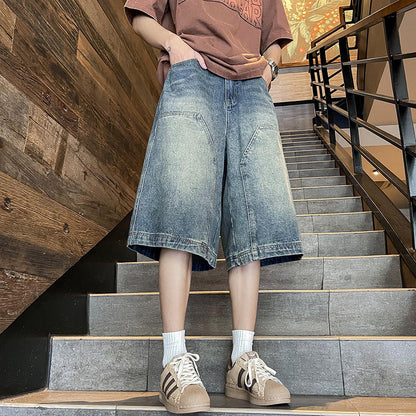 saferido 90s streetwear American Retro Workwear Denim Shorts Men's Summer Versatile High Street Vibe Loose Washed Wide-Leg Shorts