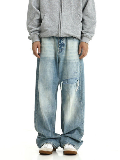 American retro ice blue straight jeans summer new vintage washed worn loose pants