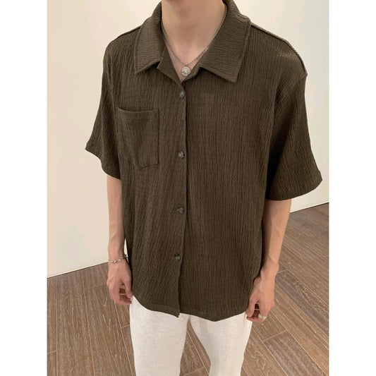 saferido frat boy outfit Korean Style Pleated Texture Short Sleeve Shirt 2024 New Men's High Sense Ins Youth Pointed Collar Popular Korean Style Shirt