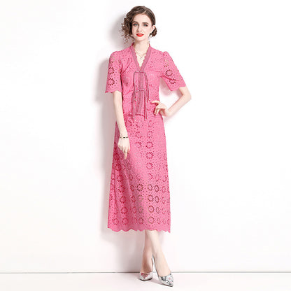 Live stream with goods Internet celebrity Popular style lace retro skirt set fashion buckle short sleeve top long skirt two-piece set