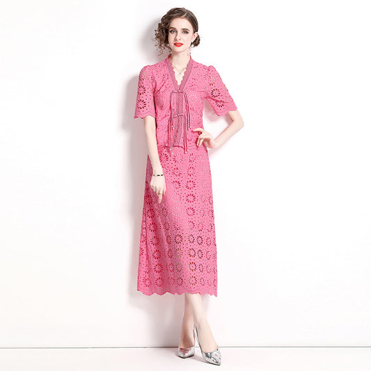 Live stream with goods Internet celebrity Popular style lace retro skirt set fashion buckle short sleeve top long skirt two-piece set